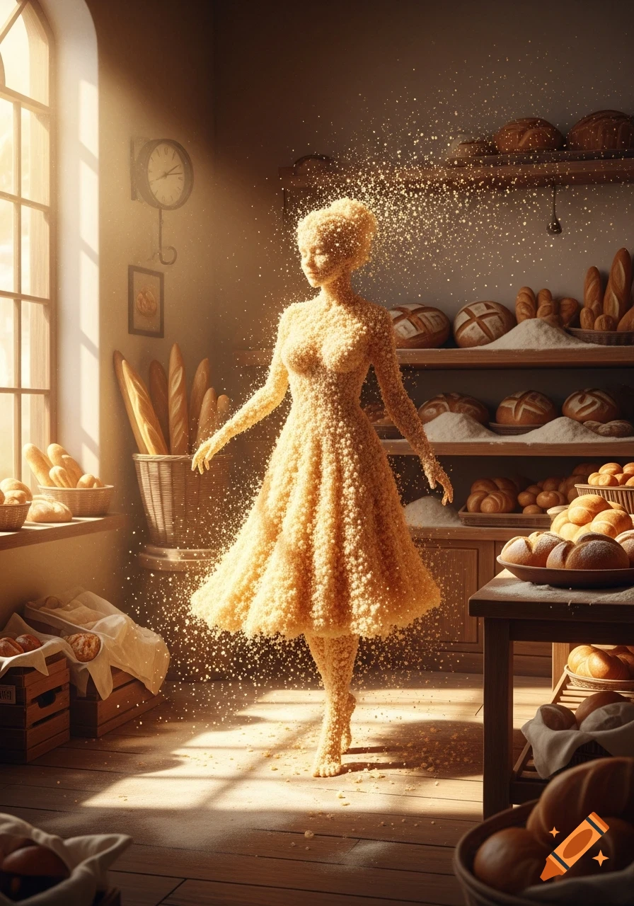 A woman made of bread crumbs stands in a sunlit bakery filled with loaves of bread, flour scattering around her.