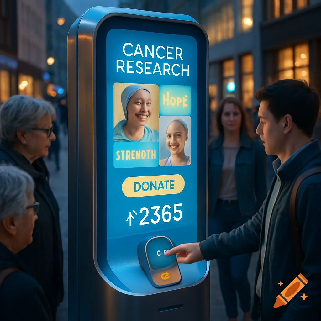 A man touches a glowing blue interactive digital kiosk for 'Cancer Research' in an urban street, featuring photos of smiling patients and a 'Donate' button, with passersby in the background.