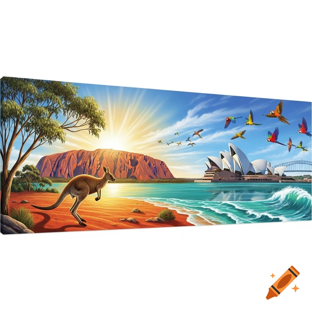 Vibrant illustration of a kangaroo on a beach with Uluru, the Sydney Opera House, and flying parrots under a sunny sky.