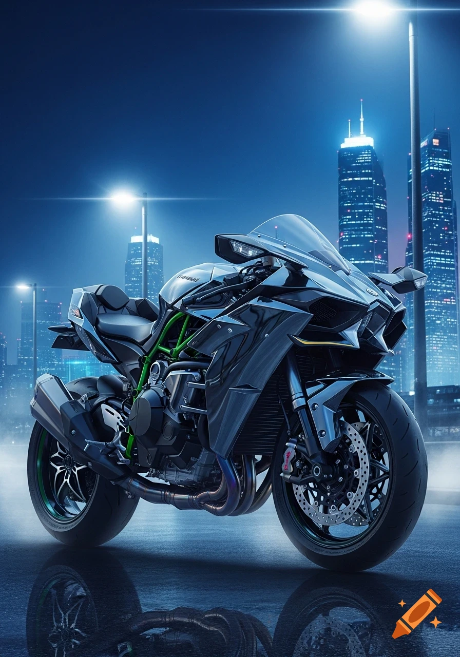 A dark, sleek Kawasaki Ninja H2R motorcycle with green accents parked on a wet street at night, with a blurred city skyline in the background.