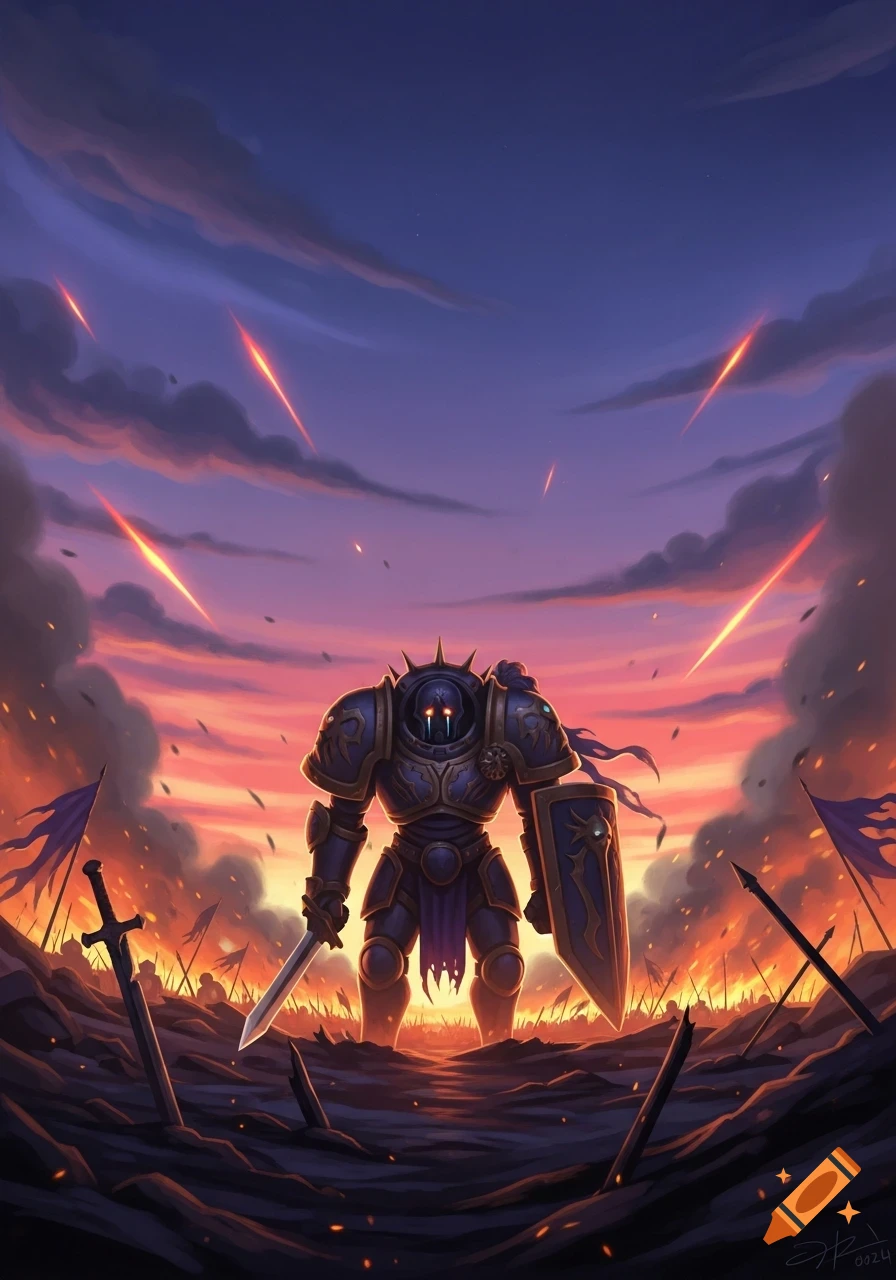A heavily armored warrior stands on a desolate battlefield under a dramatic fiery sunset sky with falling meteors.