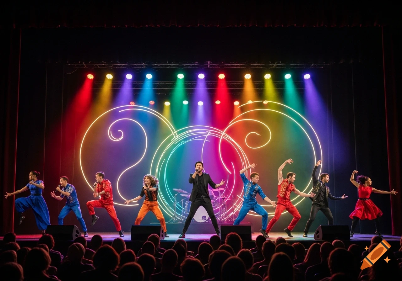 Performers on a brightly lit stage with colorful neon swirl backdrop, viewed from the audience.
