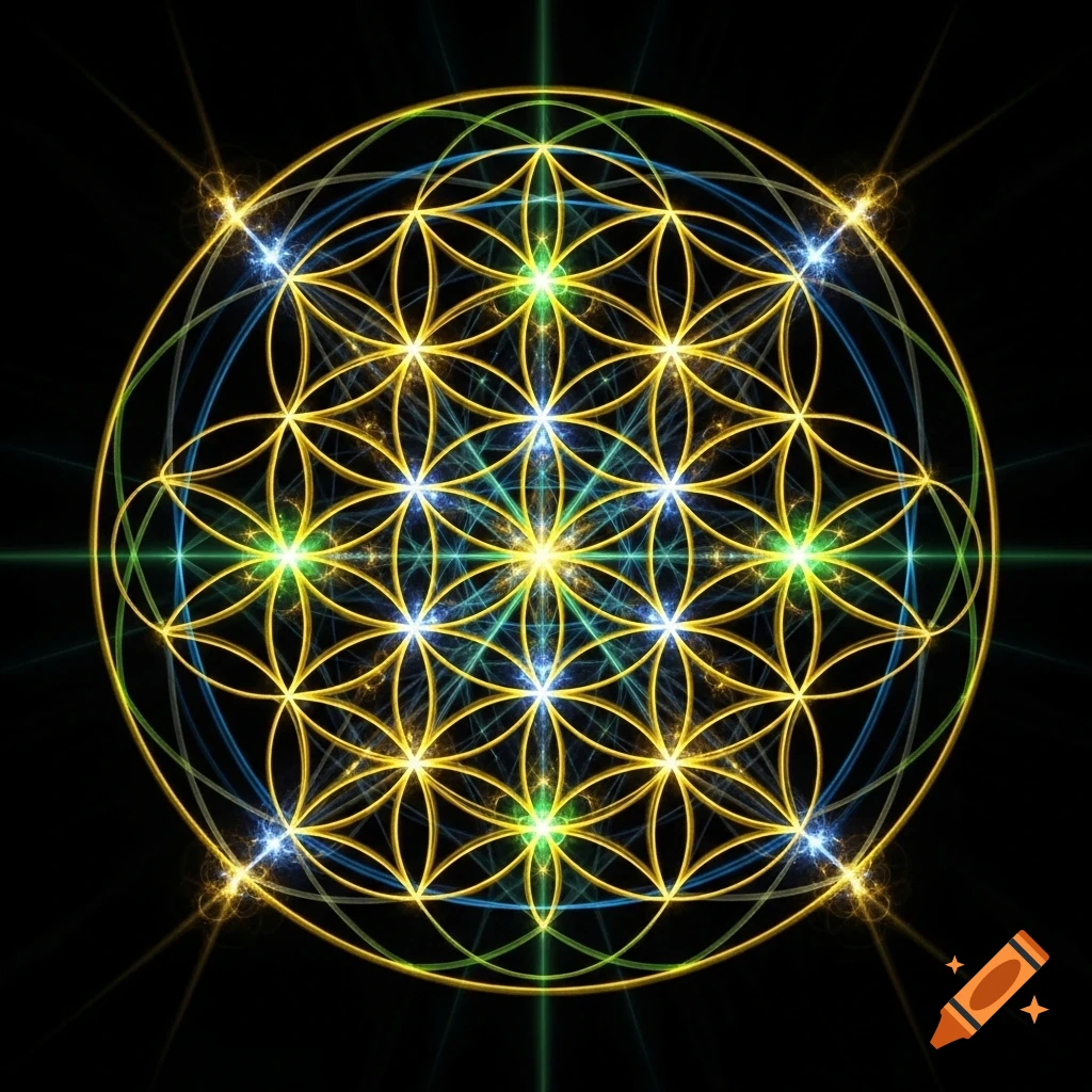 A vibrant, glowing Flower of Life sacred geometry pattern with intricate yellow, blue, and green lines and bright star points on black.