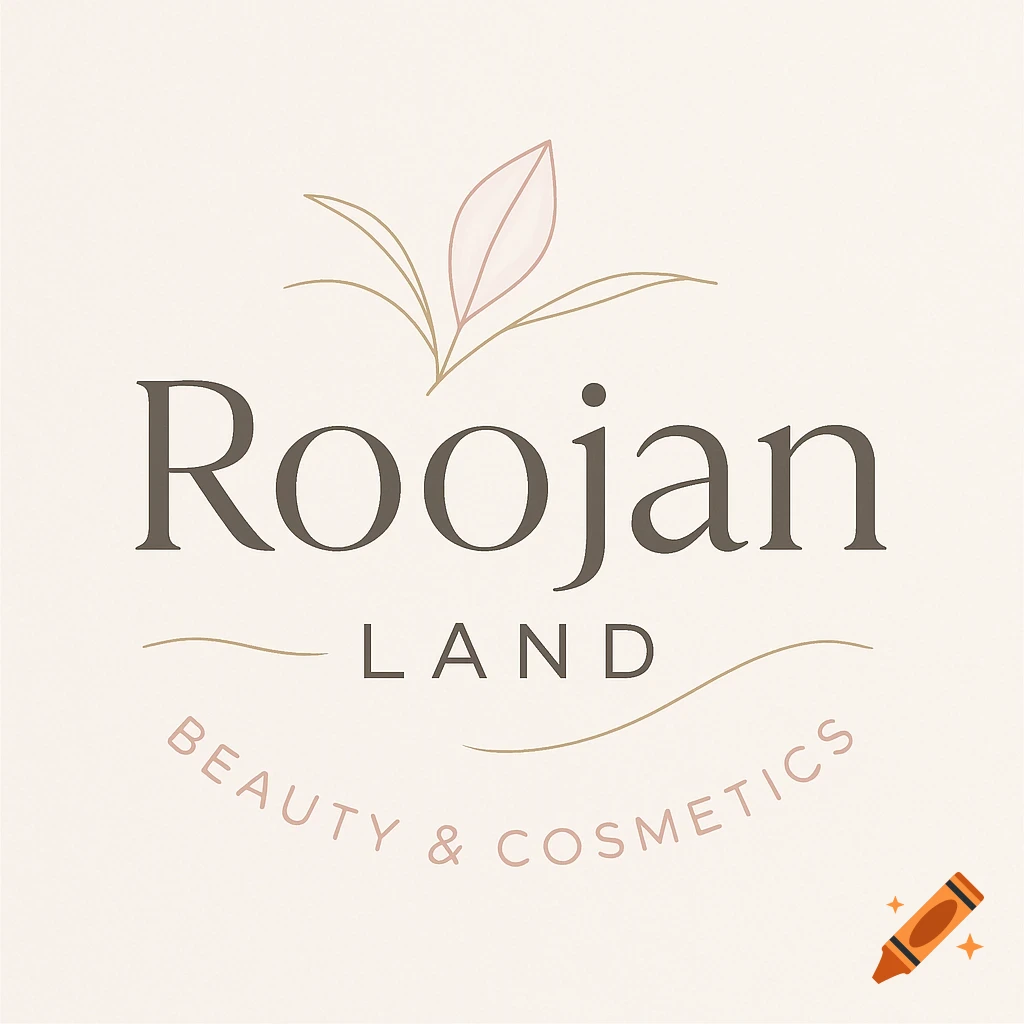 A clean logo for 'Roojan Land Beauty & Cosmetics' with a stylized leaf design in pink and gold tones.