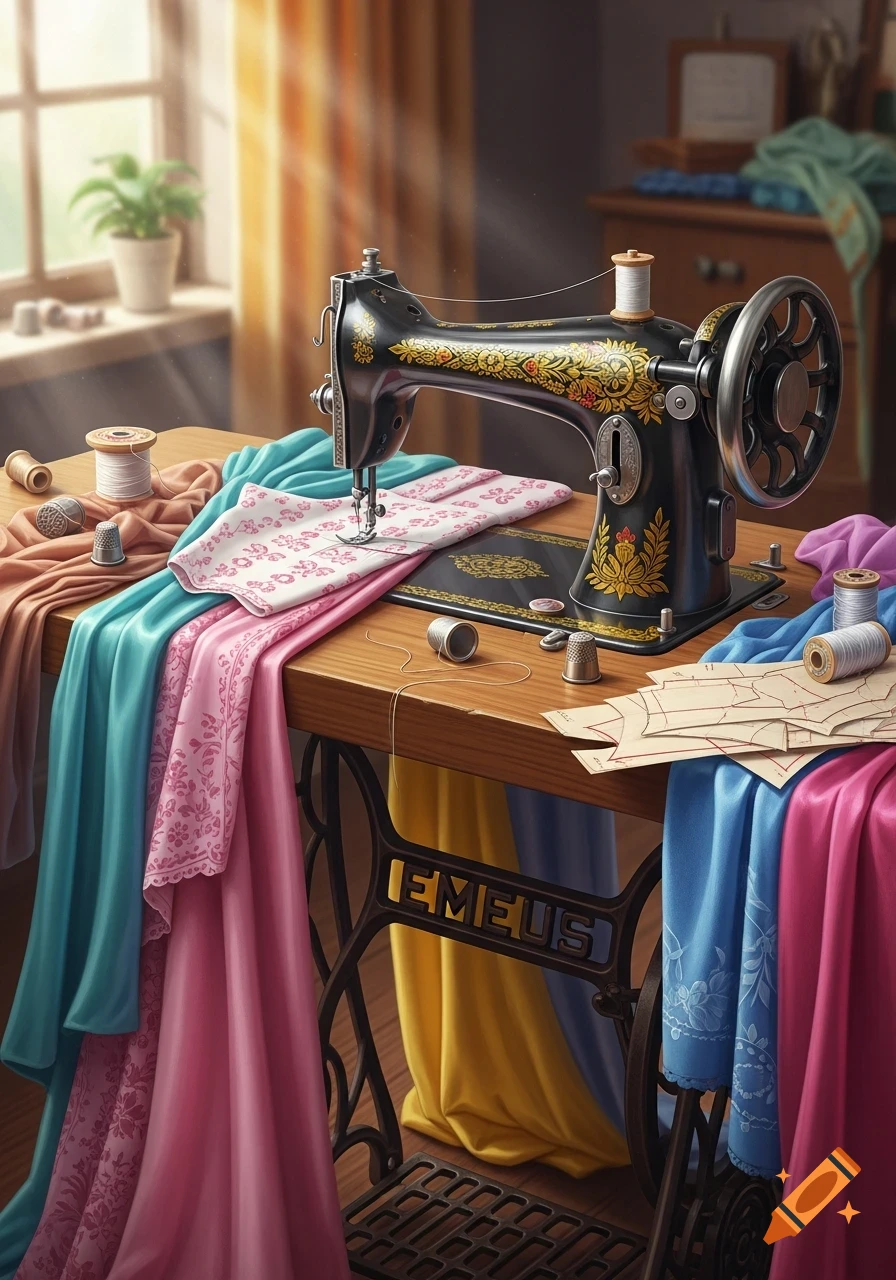 A vintage black and gold sewing machine sits on a wooden table surrounded by colorful fabrics, spools of thread, and thimbles, bathed in warm sunlight.