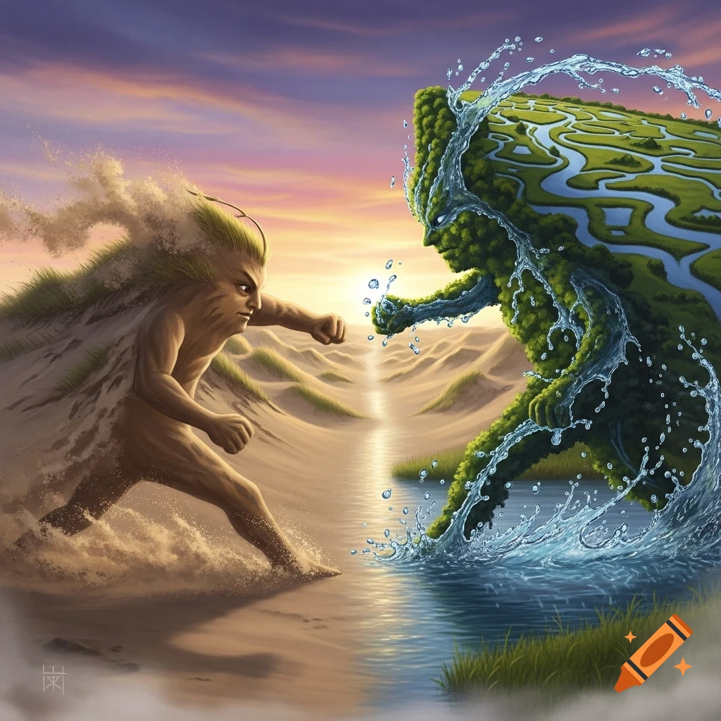 Detailed digital painting of a sand elemental and a wetland elemental clashing in a desert and marsh landscape at sunset.