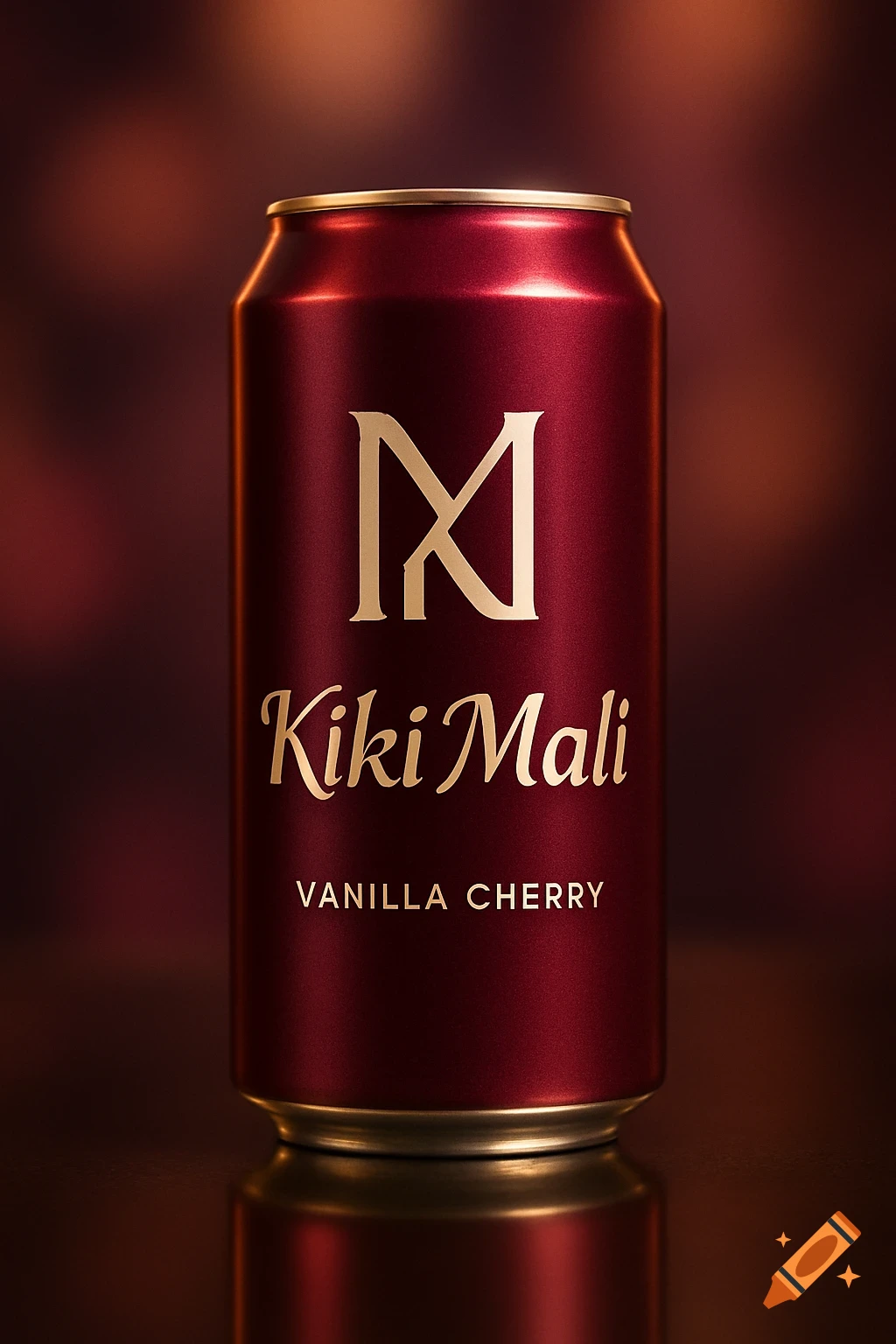 A photorealistic, deep red Kiki Mali vanilla cherry beverage can with gold lettering, reflecting on a dark surface.