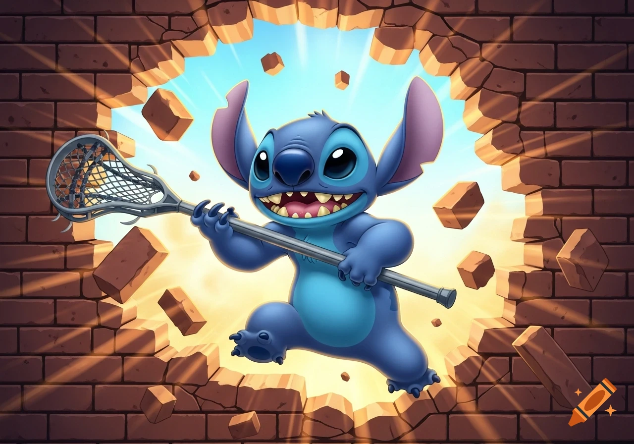The blue alien character Stitch bursts through a brick wall, holding a lacrosse stick as bricks fly.