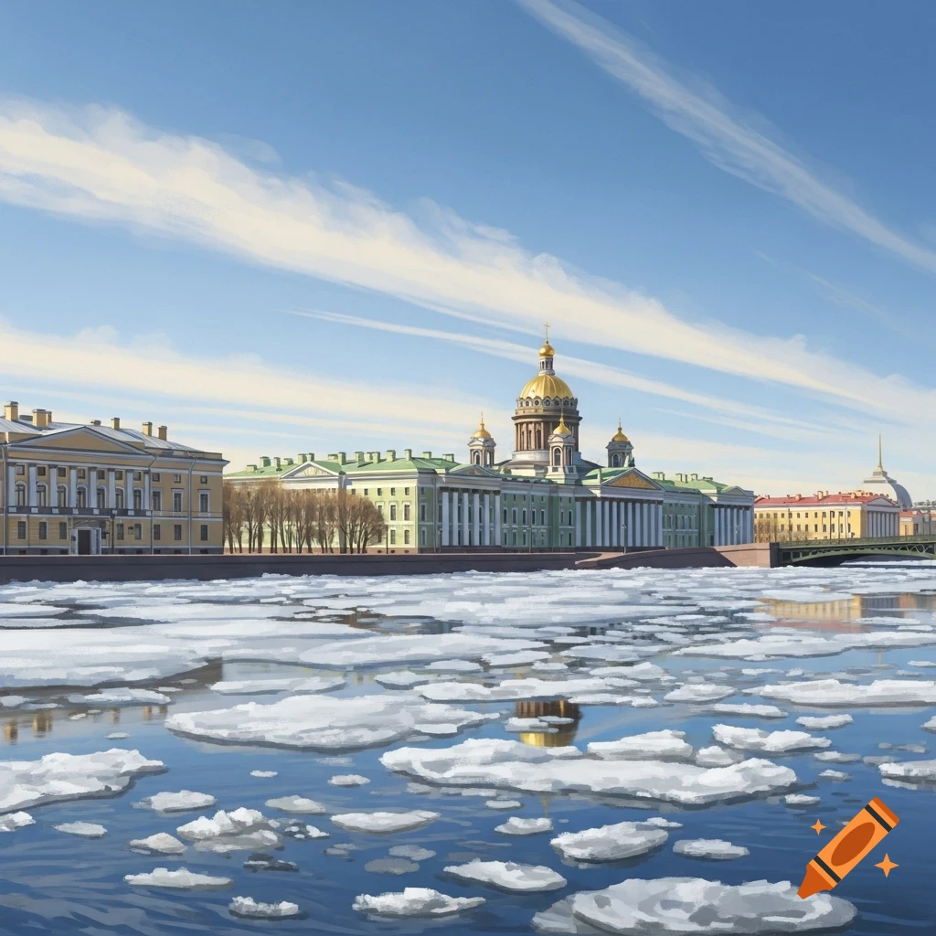 A painterly view of a grand cathedral with a golden dome and other buildings along a river filled with ice floes under a blue sky with wispy clouds.
