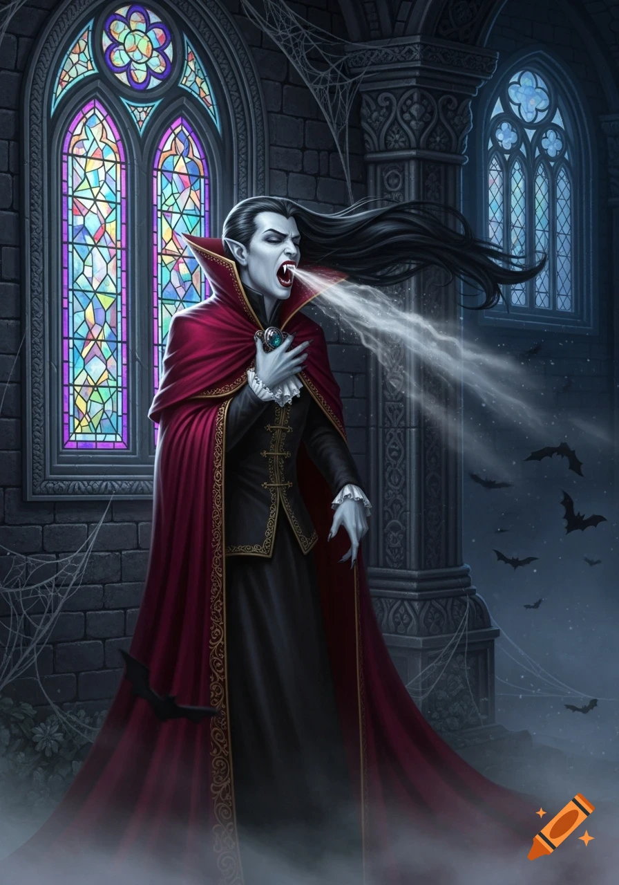 A pale vampire in a red cape stands in a dark gothic castle with stained glass windows, exhaling misty breath as bats fly.