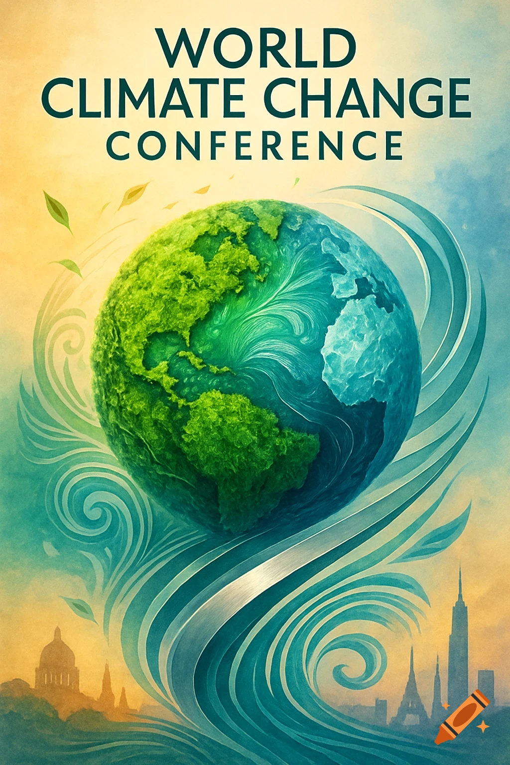 An illustrative poster for a climate change conference with a green and blue Earth, swirling air, and city silhouettes.
