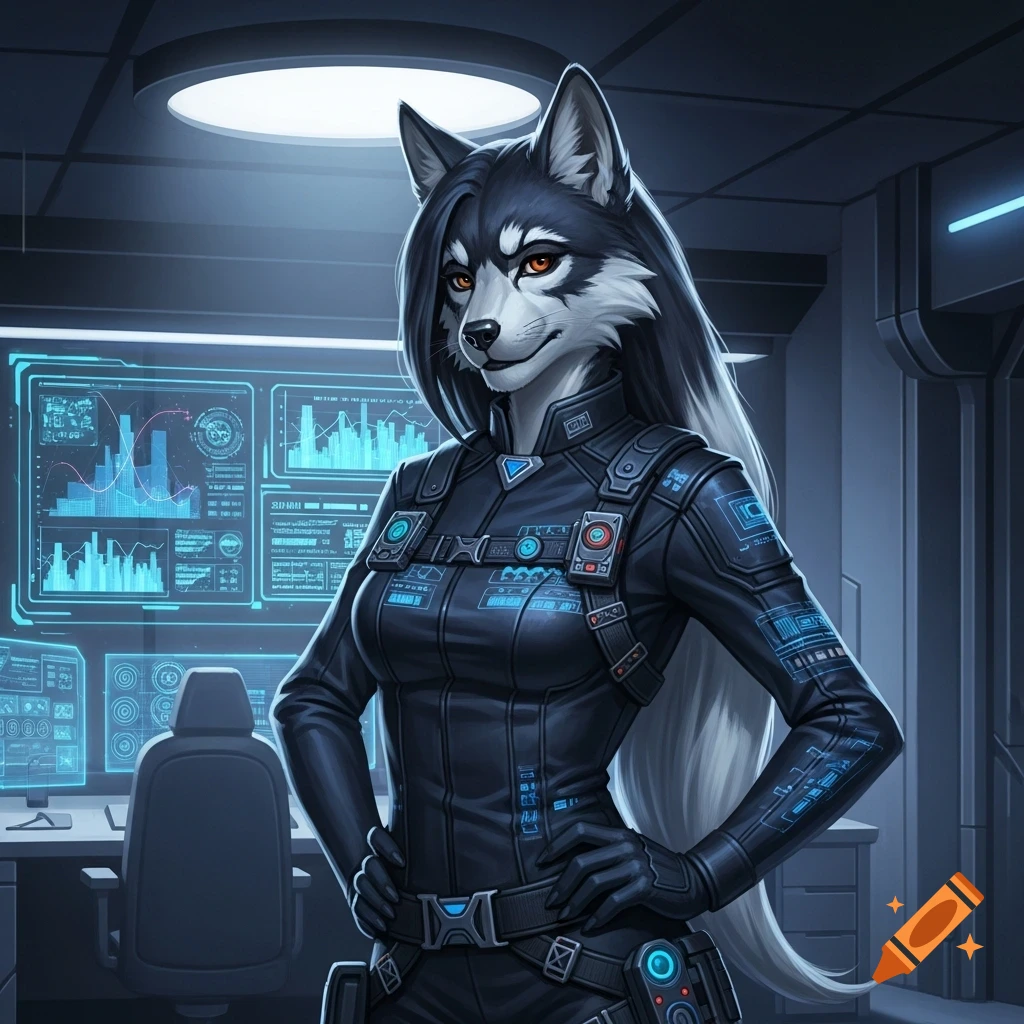 Female anthropomorphic wolf in a black sci-fi uniform standing in a futuristic control room with glowing blue screens.