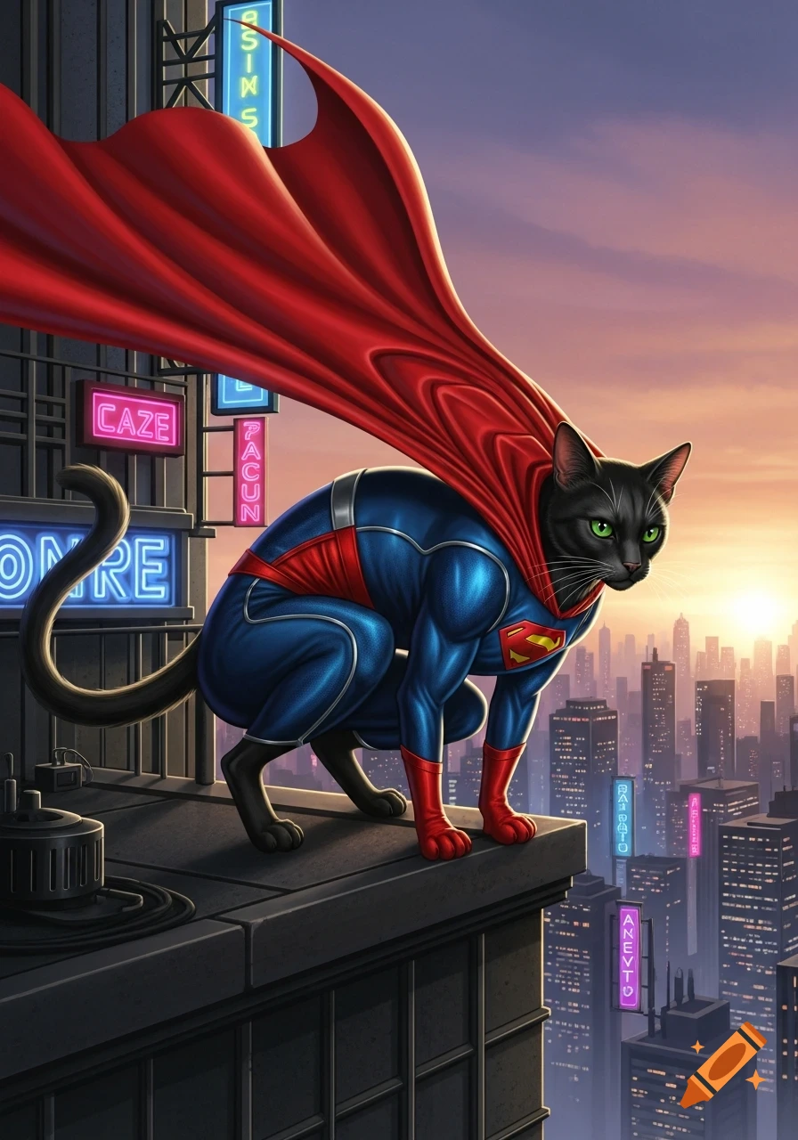 A black cat in a blue and red superhero costume with a flowing red cape ...