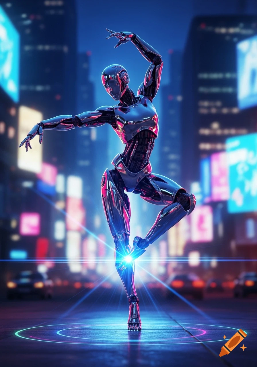 A chrome robot dancer in a graceful pose on a glowing stage in a futuristic neon city at night.