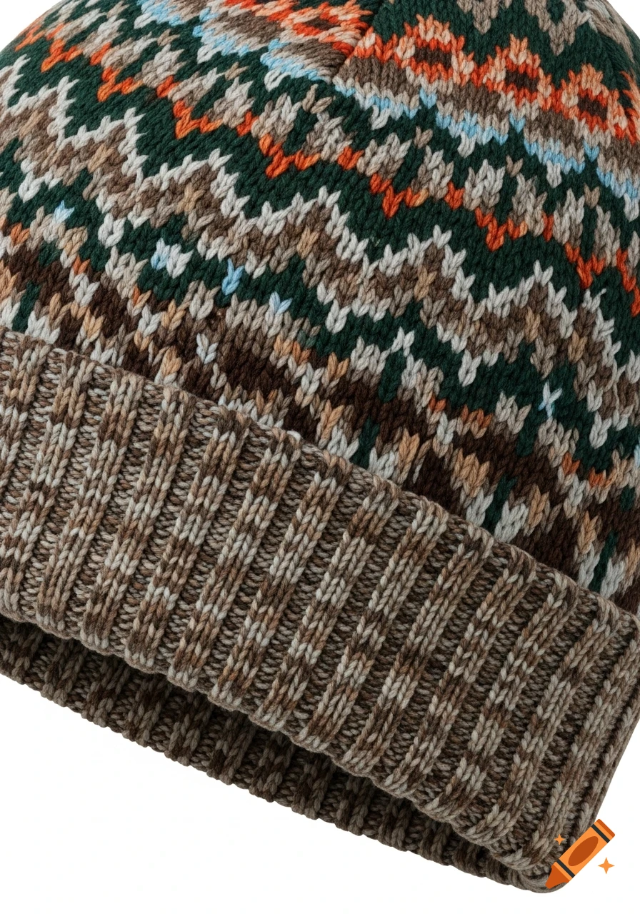 Close-up of a knitted beanie with a colorful Fair Isle pattern in brown, green, white, and orange, featuring a ribbed cuff.