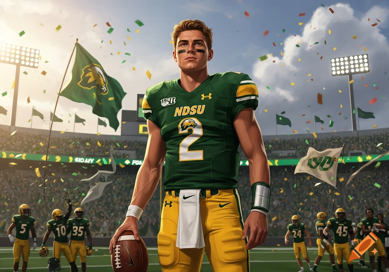 A football player in a green and gold NDSU jersey with number 2 stands on a stadium field holding a football, confetti falling.