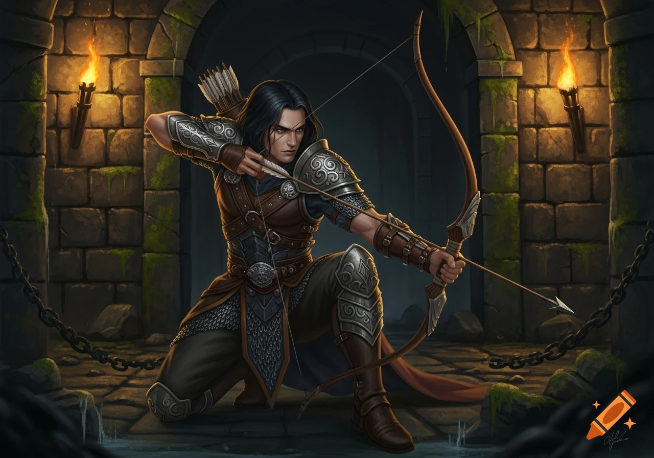 A male human ranger with black hair, wearing ornate leather and chain armor, kneels while aiming a longbow in a dark fantasy dungeon with torches.
