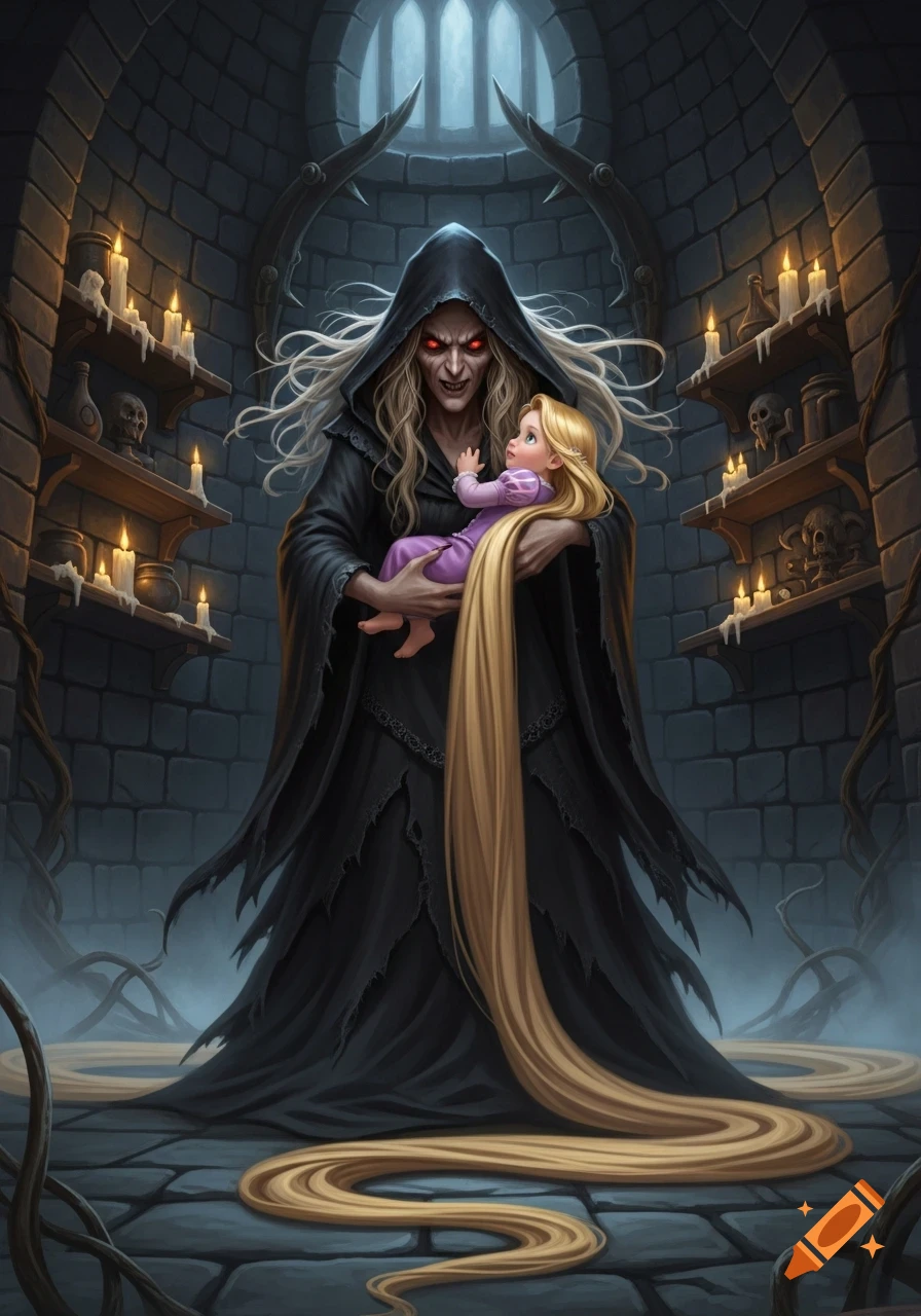 A menacing witch with red eyes and long white hair holds baby Rapunzel with long blonde hair in a dark, candlelit stone tower.