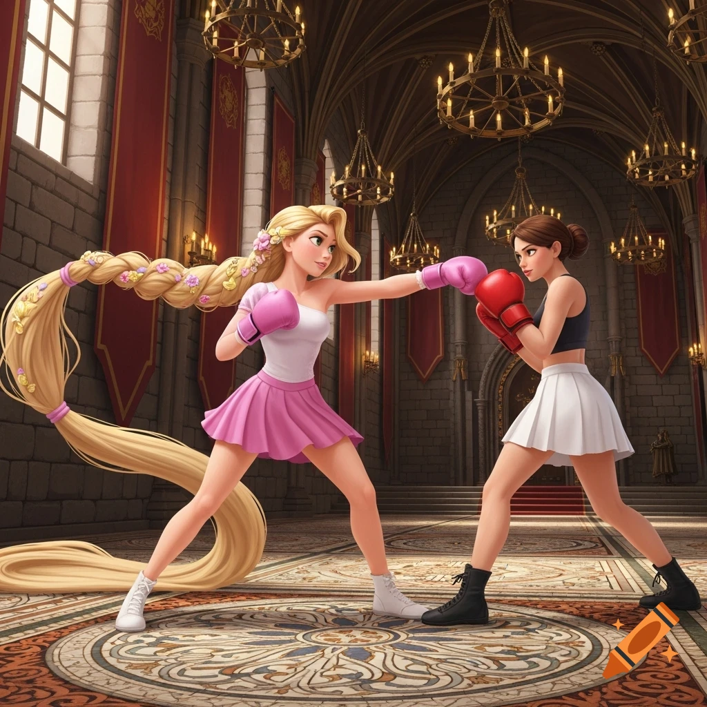 Cartoon Princess Rapunzel with long braided hair in pink boxing gear sparring with another female boxer in a fancy castle throneroom.