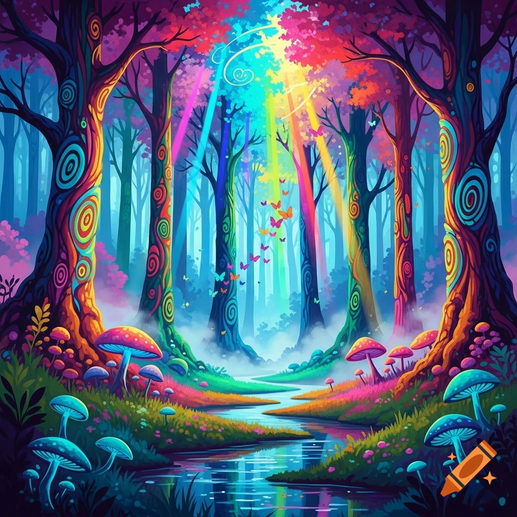 A vibrant, psychedelic fantasy forest with rainbow trees, glowing mushrooms, a river, and colorful light rays.