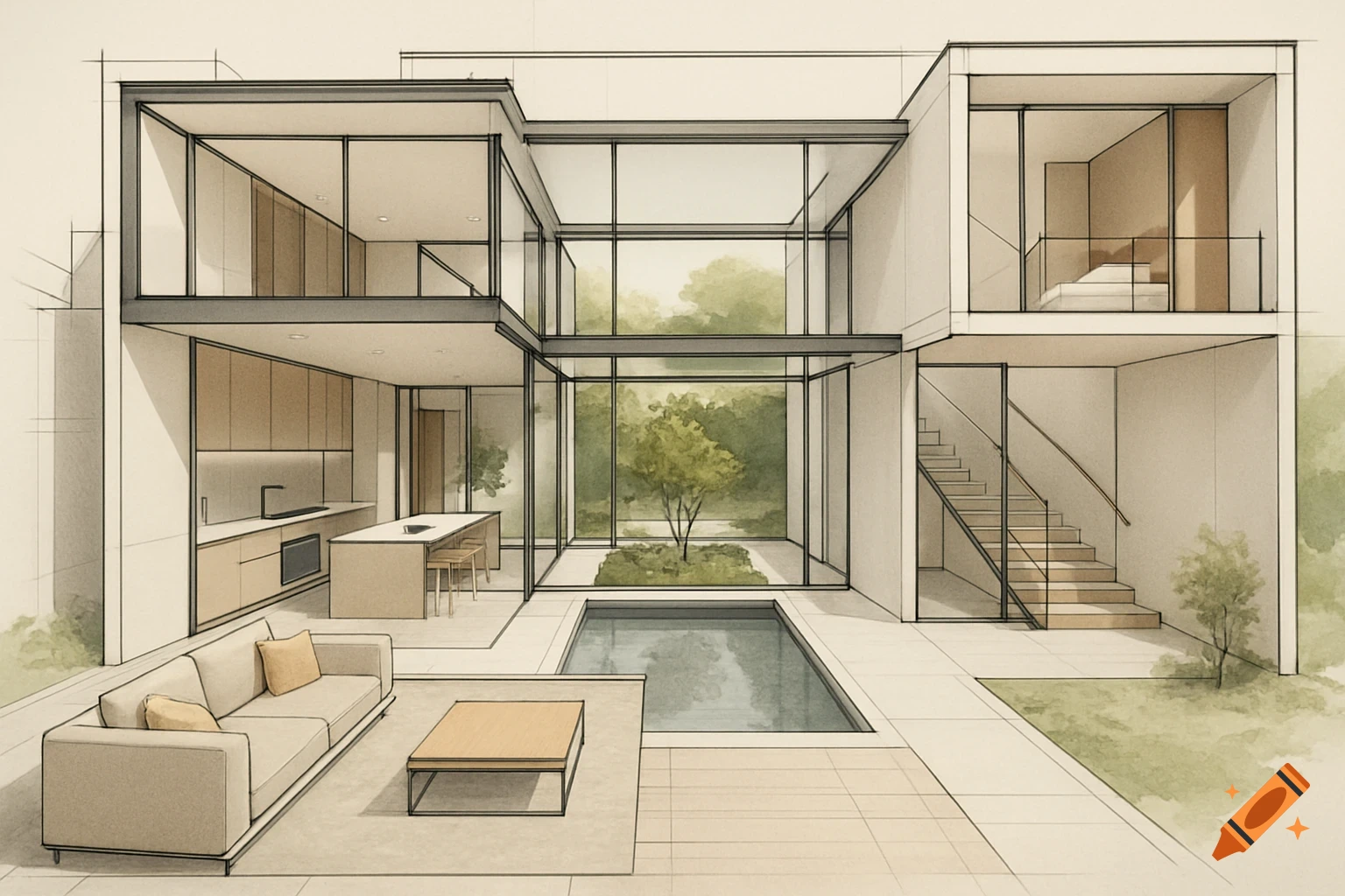 Architectural drawing of a multi-level modern house with large windows, open living spaces, a central courtyard, and pool.