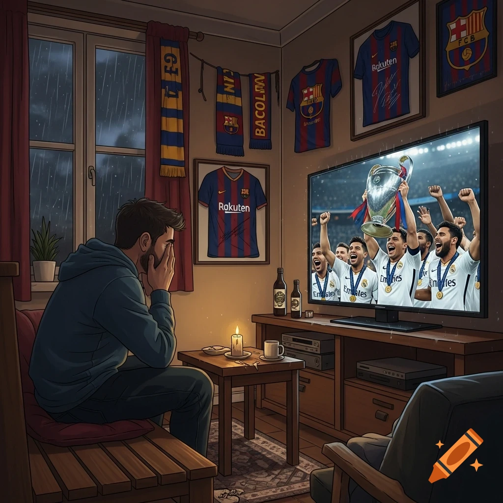 A sad Barcelona fan sits in a dimly lit room, covering his face, watching Real Madrid players celebrate lifting a trophy on TV during a rainy night. Football scarves and jerseys adorn the walls.