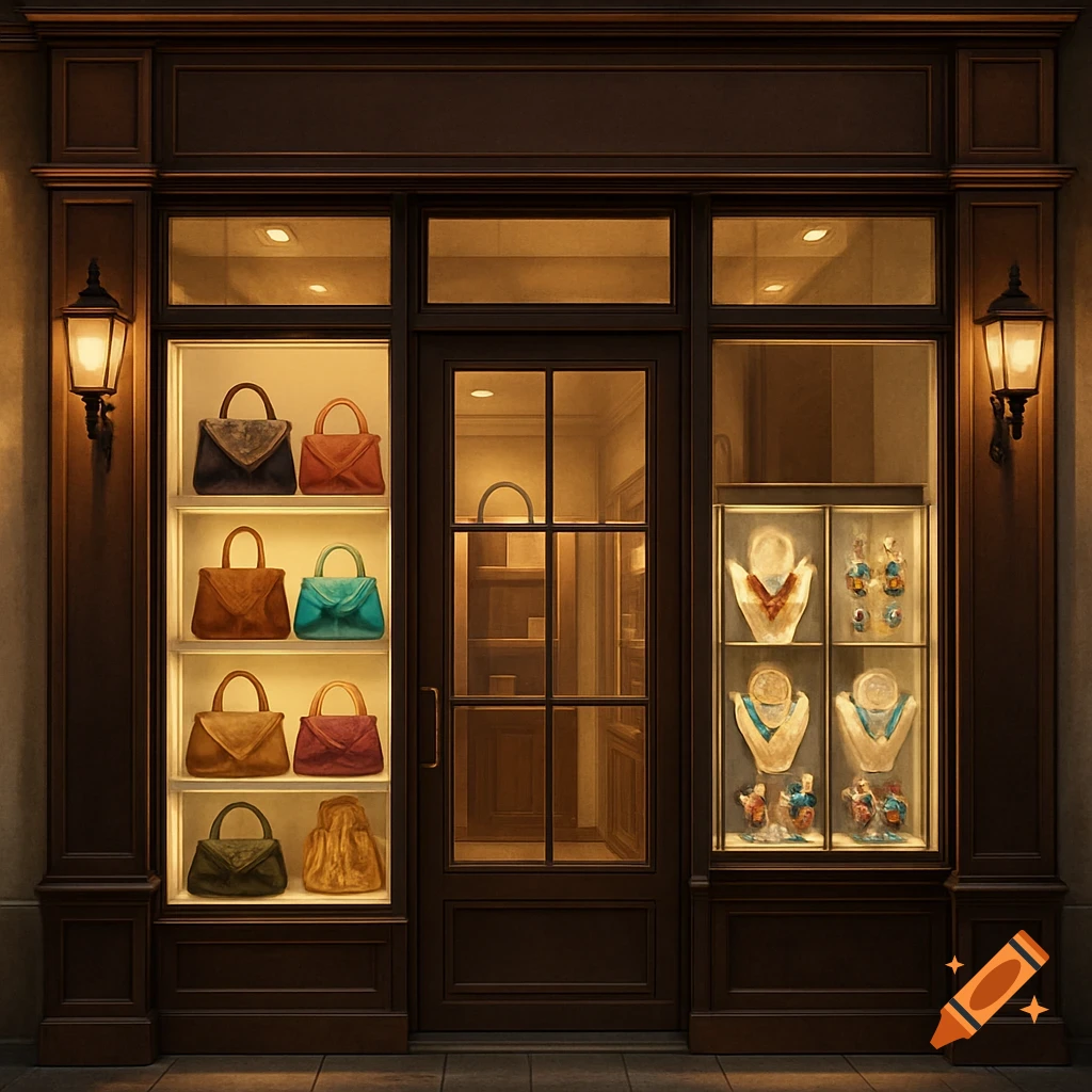 A stylish, dark brown storefront displays a variety of colorful handbags and jewelry in well-lit windows.