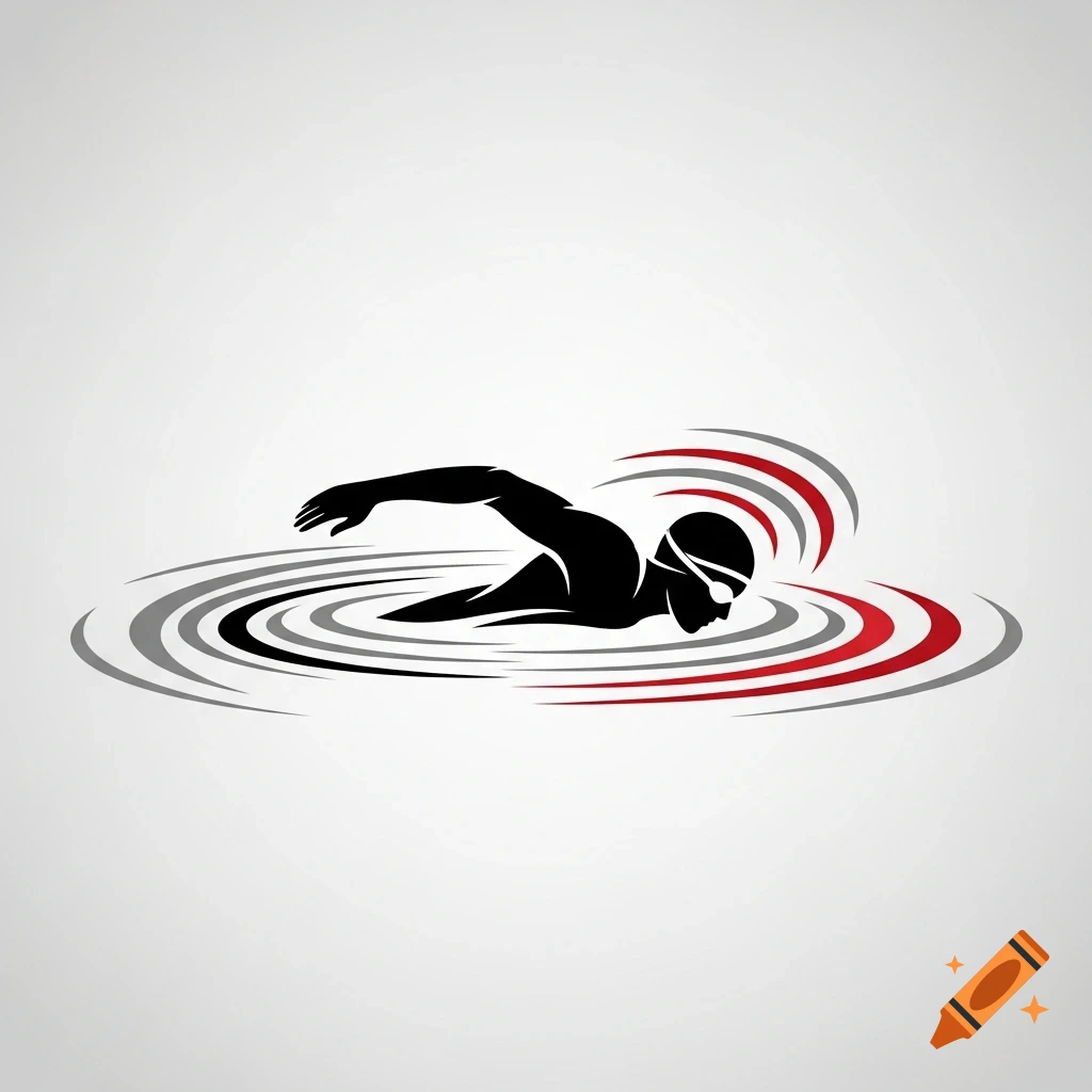 A stylized black silhouette of a swimmer wearing goggles, creating red, grey, and black ripples in water.