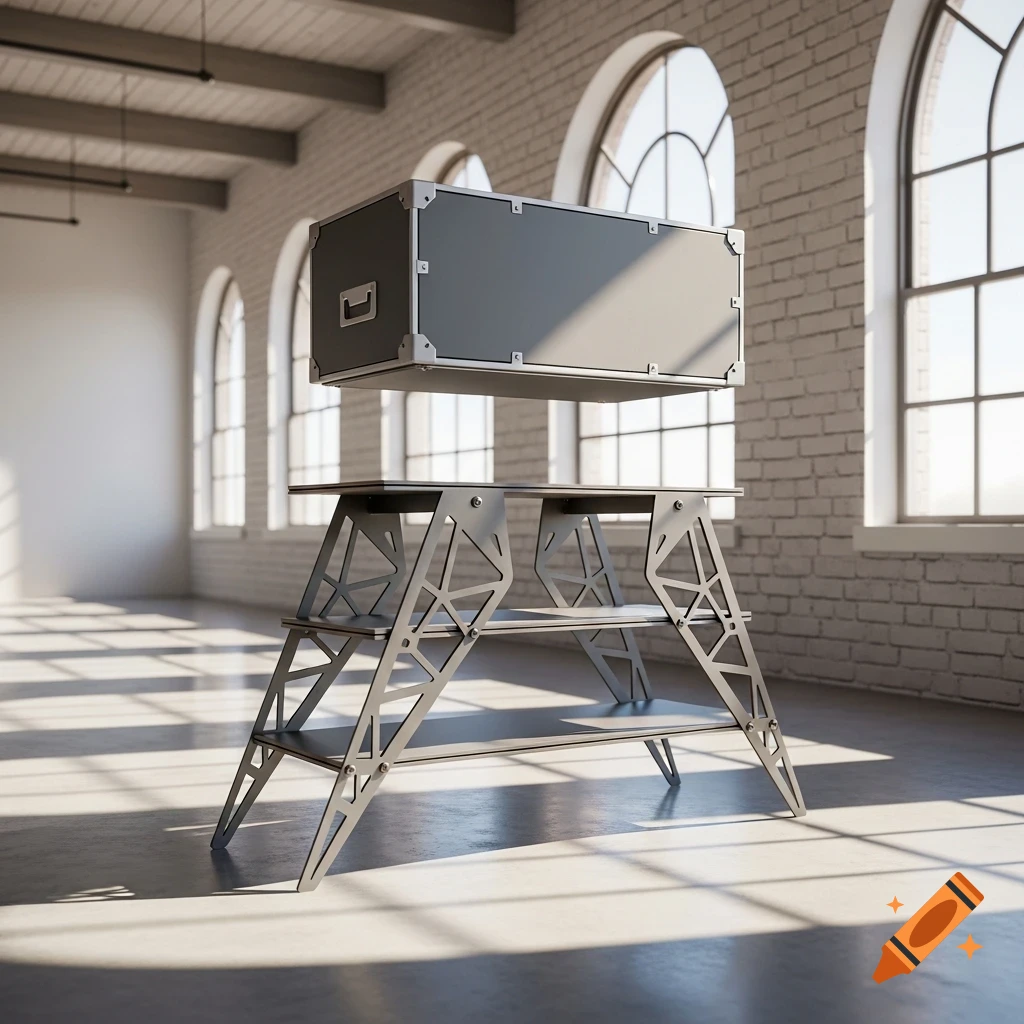 A dark grey box floats above a geometric metal stand in a sunlit room with arched windows.
