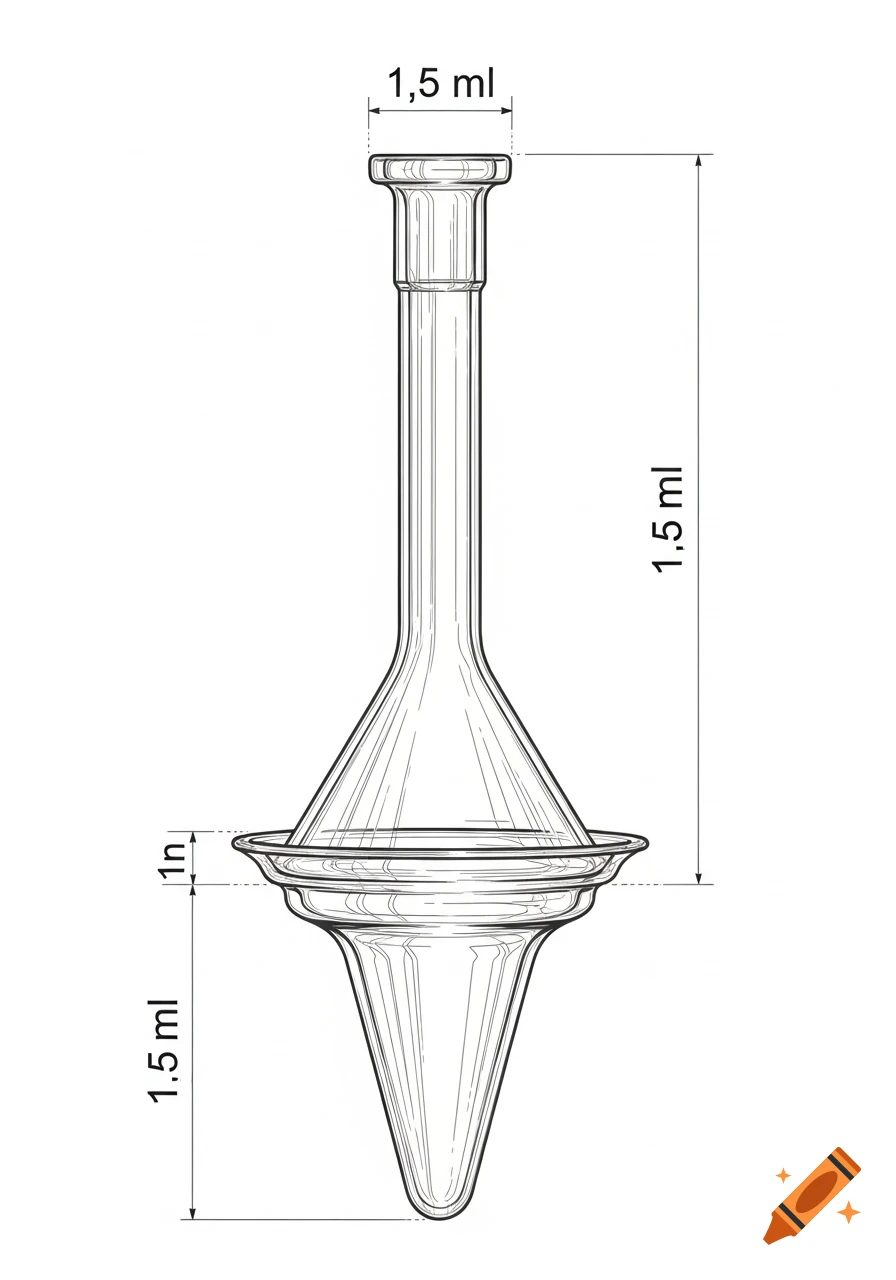 A technical line drawing of a 1.5 ml reaction vessel, featuring measurements and precise details of the glassware.