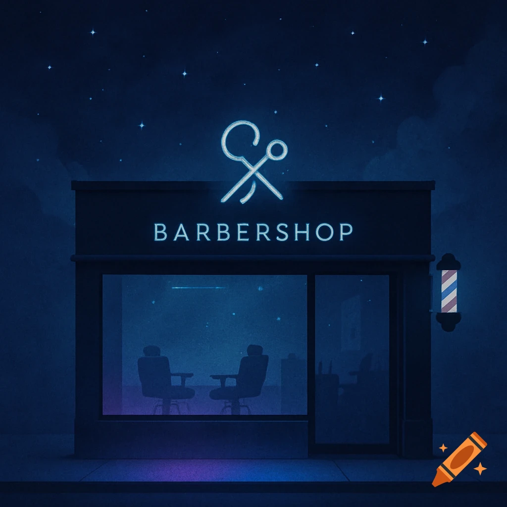 A minimalist, dark blue illustration of a barbershop at night with a glowing neon sign featuring scissors and the word BARBERSHOP.