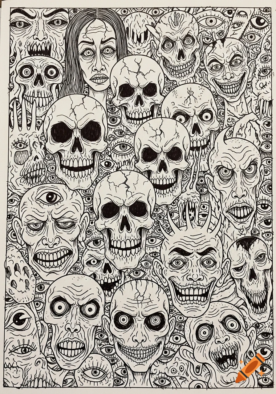 Bold, crude sharpie line drawing filled with numerous creepy faces, skulls, and monsters amidst countless eyes.