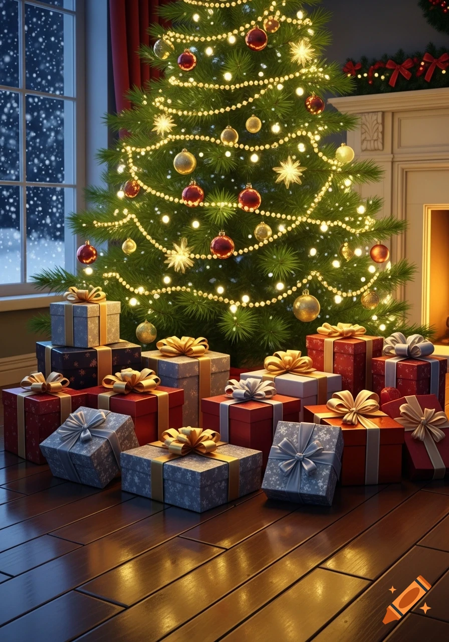A photorealistic, brightly lit Christmas tree decorated with ornaments and lights, surrounded by many wrapped gifts on a wooden floor, with snow falling outside a window.