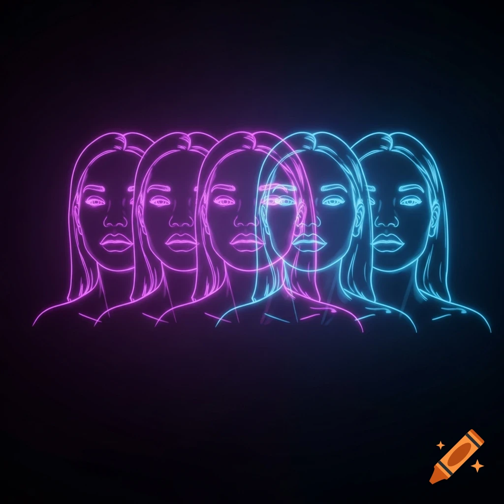 Stylized neon outlines of four women's faces, glowing purple and blue on a dark background.