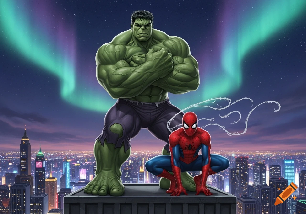 The Hulk stands with crossed arms next to Spider-Man crouching on a city rooftop at night with an aurora borealis.