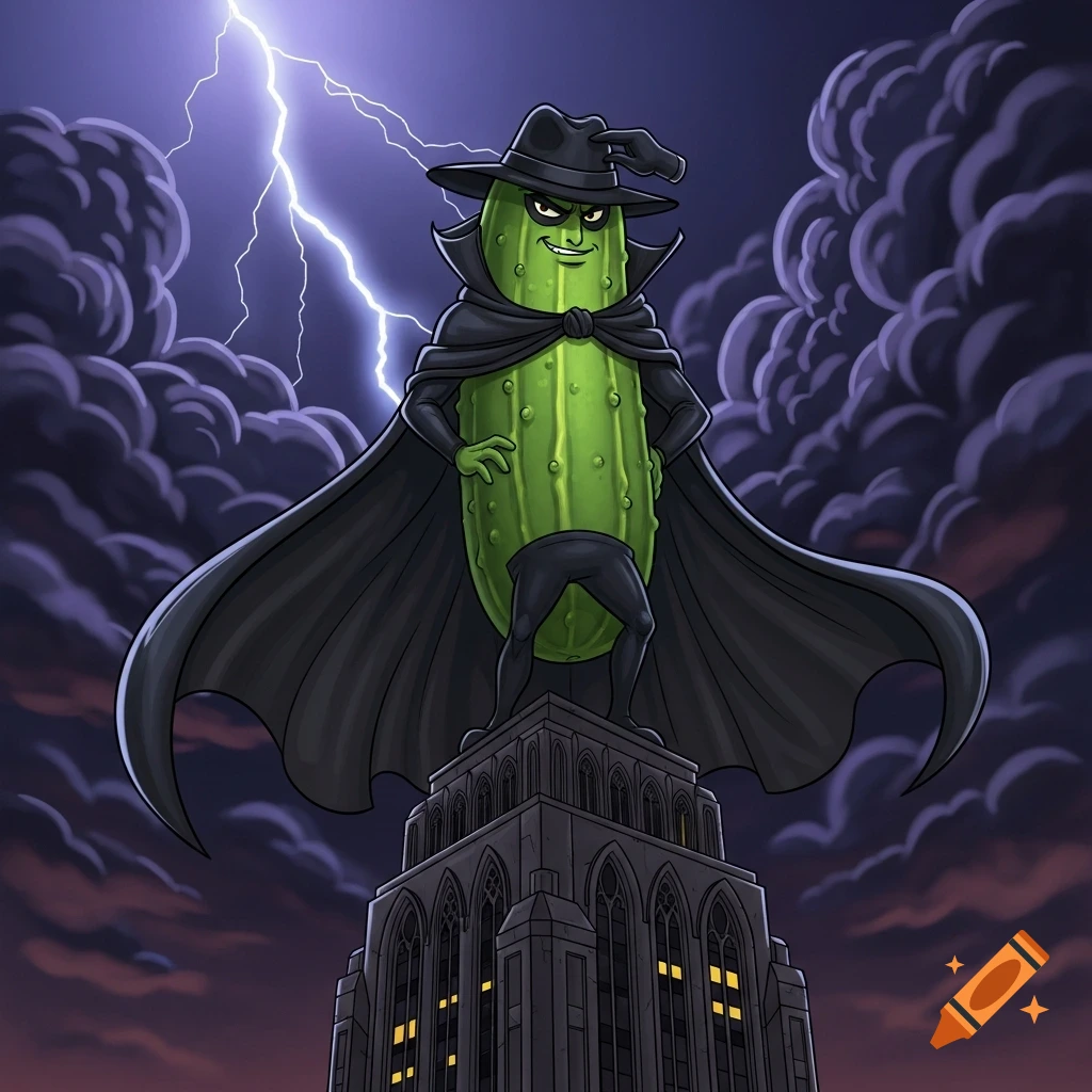 Cartoonish humanoid pickle dressed as a supervillain standing on a skyscraper against a lightning storm.