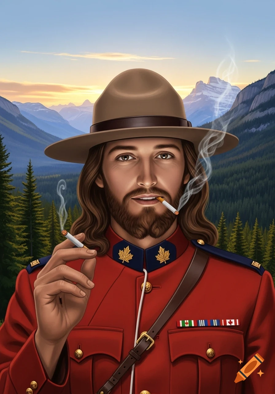 An illustration of Jesus Christ in a Mountie uniform, smoking two cigarettes, with mountains and a sunset in the background.