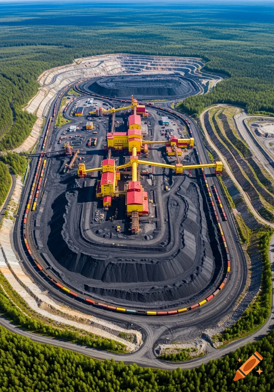 Aerial view of a large coal mine with yellow and red industrial buildings, vast coal piles, and cargo trains amidst a dense green forest.