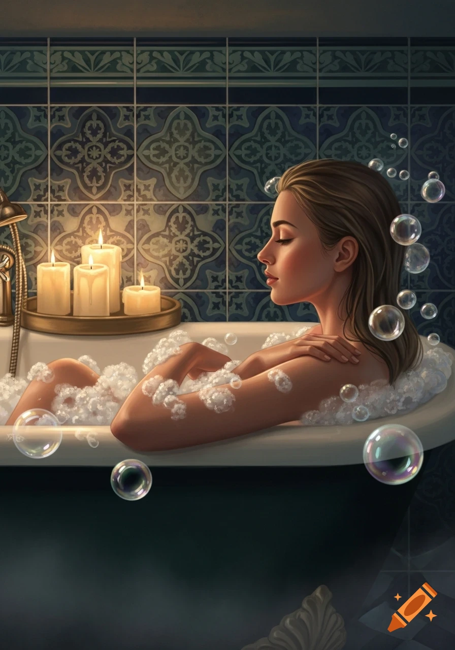 Illustrative image of a woman relaxing in a bubble bath, surrounded by lit candles and patterned tiles.