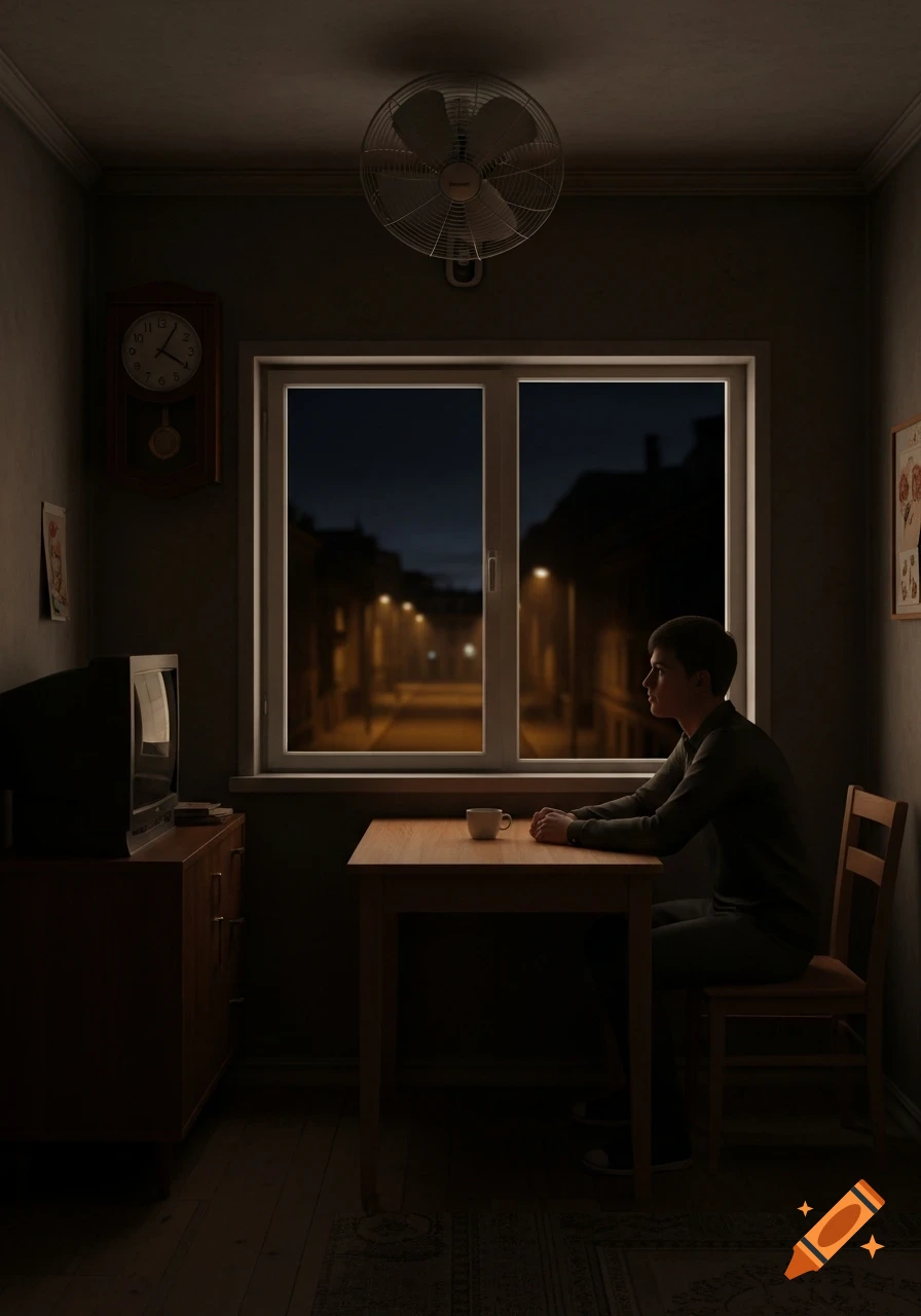 A young man sits alone at a table in a dimly lit room at night, looking out a window onto a quiet street.