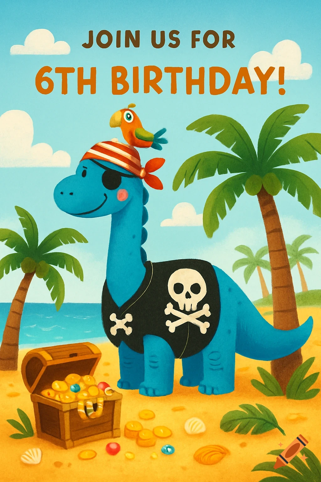 A cute cartoon blue pirate dinosaur with an eyepatch and parrot stands on a beach next to a treasure chest. Text: JOIN US FOR 6TH BIRTHDAY!