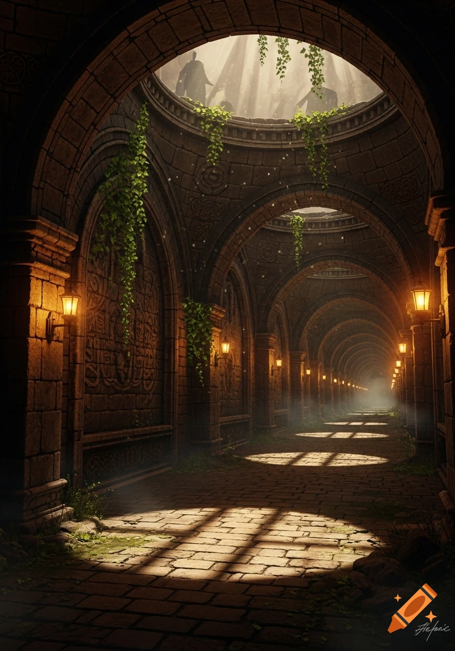 A long, dark stone tunnel with arches and glowing wall lanterns leading into a misty distance. Sunlight streams from an overhead opening, casting patterns on the brick path, and green vines hang from the upper walls.