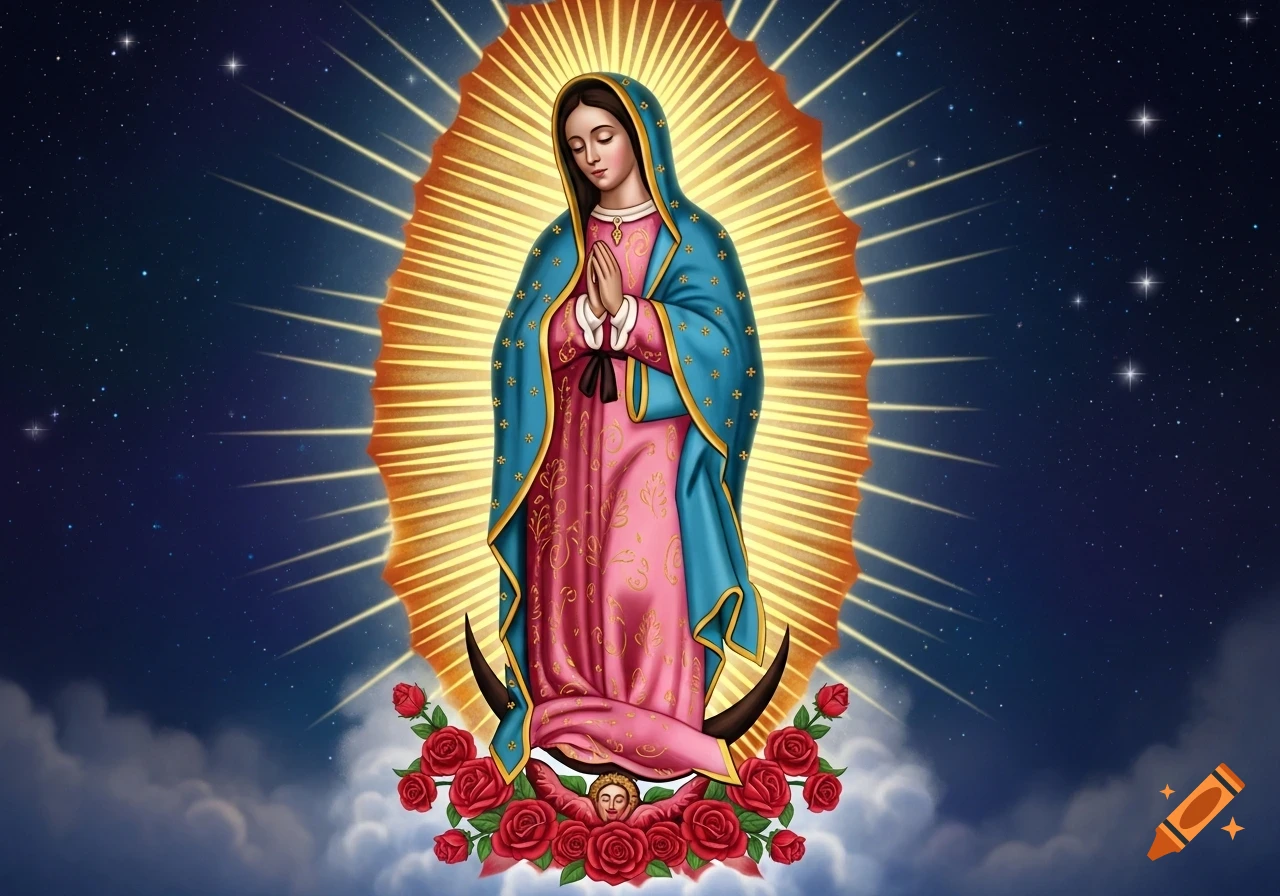 Illustration of the Virgin of Guadalupe with a golden halo, standing on a crescent moon surrounded by red roses, against a starry night sky.