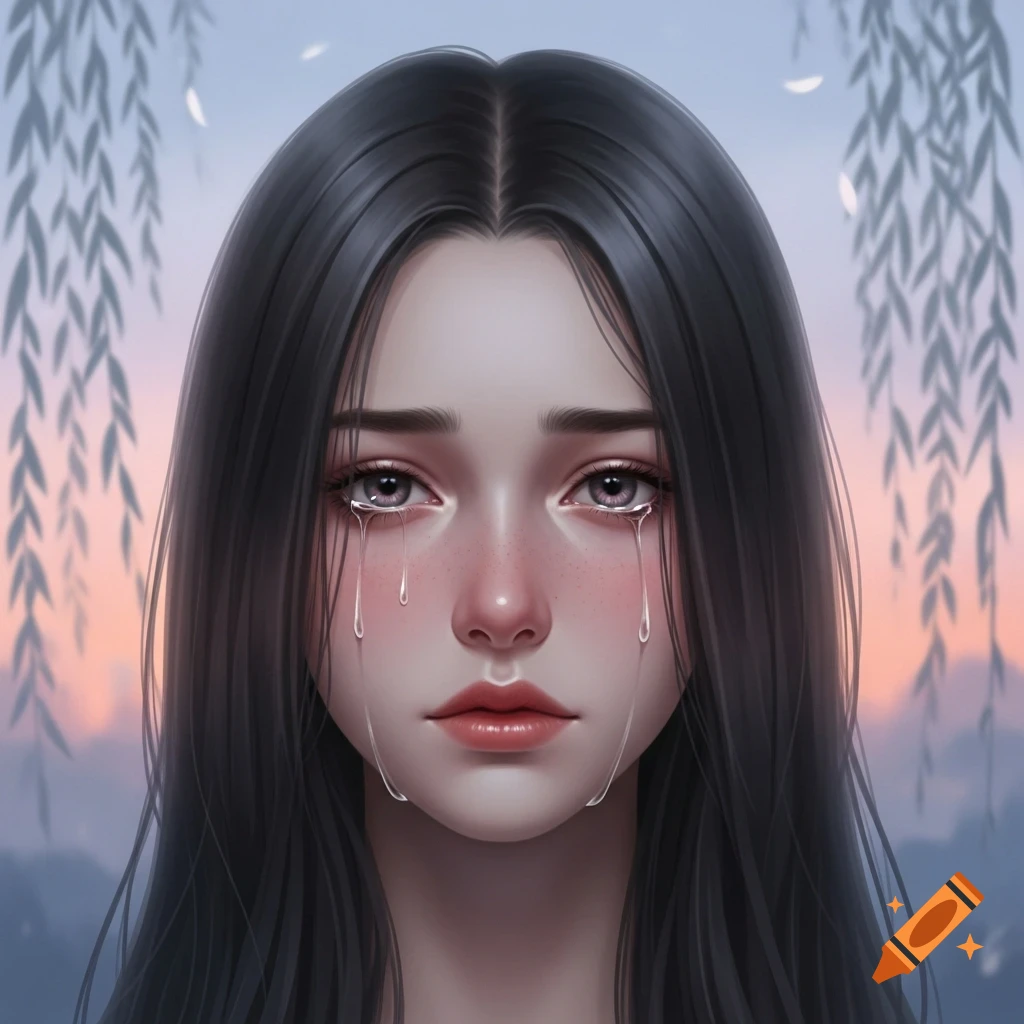 Close-up digital art portrait of a young woman with long dark hair, tears streaming down her face, against a soft, pastel-colored background with willow branches.