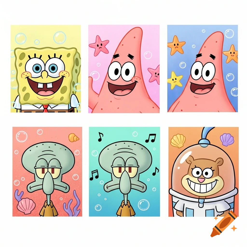 Six cute, colorful cartoon portraits of Spongebob, Patrick, Squidward, and Sandy from Spongebob Squarepants.