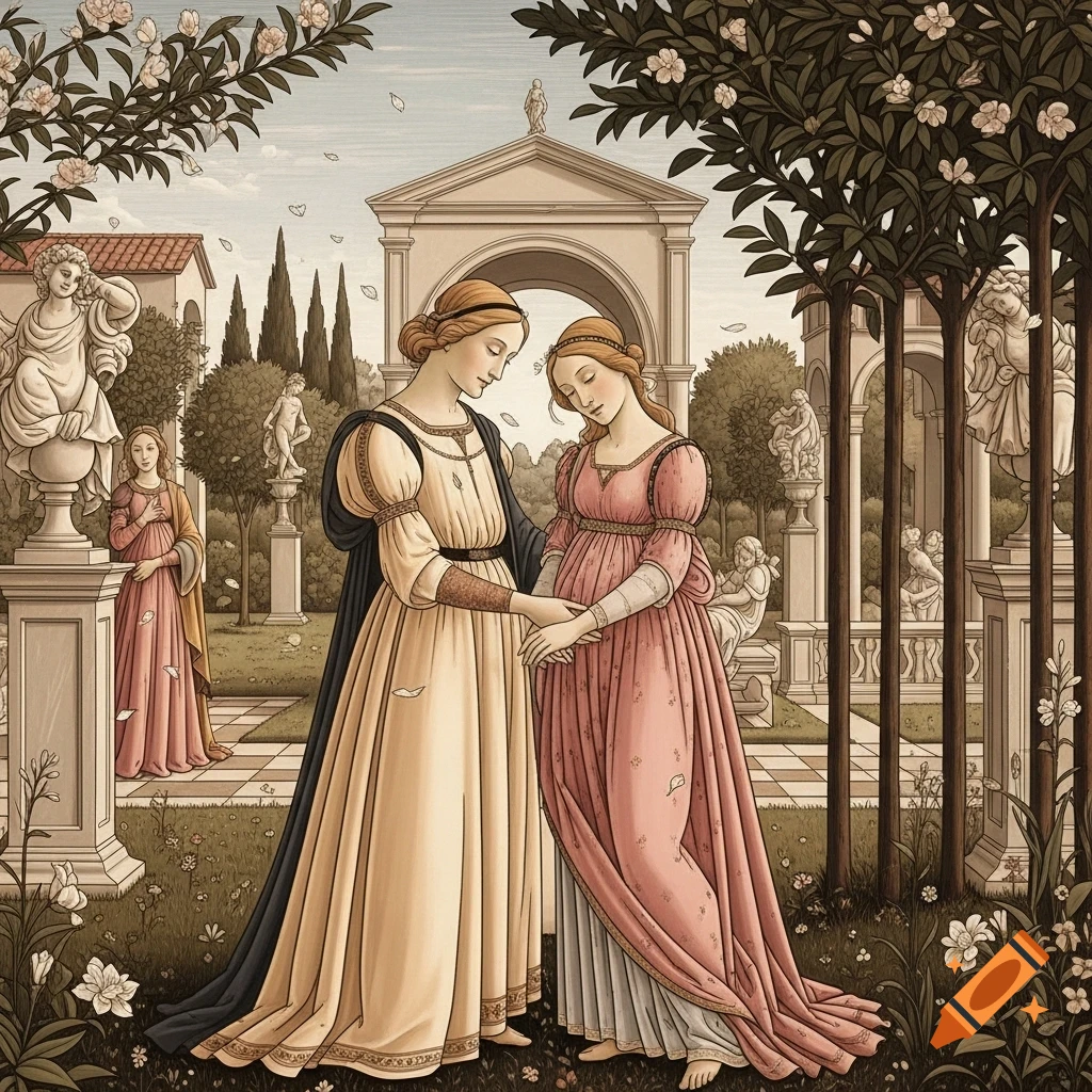 Two women in Renaissance-era dresses, one visibly pregnant, hold hands in a lush formal garden with classical statues and architecture.