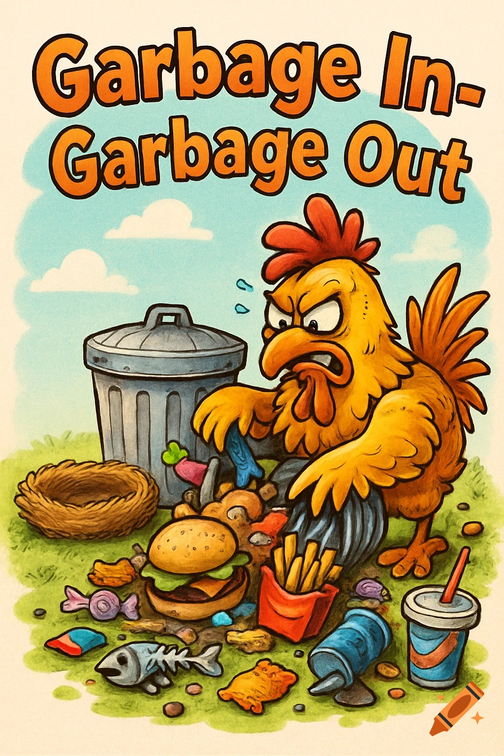 A cartoon chicken looks frustrated by an overflowing trash can with junk food and garbage and an empty nest. Text: "Garbage In - Garbage Out"