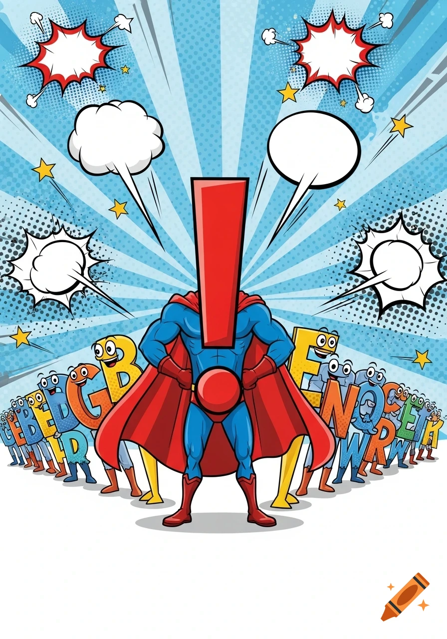 Exclamation mark superhero in a red cape leads cartoon alphabet letters in a dynamic comic book style.