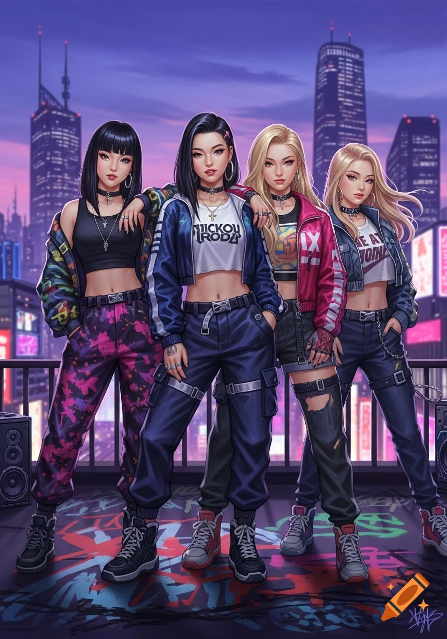 Four anime-style girls in trendy streetwear pose on a graffiti-covered city rooftop at dusk, with skyscrapers in the background.