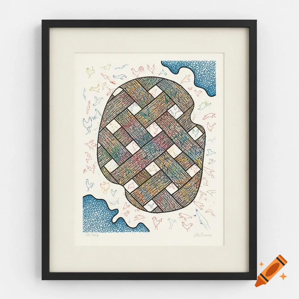 A framed abstract monoprint featuring a central colorful woven pattern surrounded by small line drawings of animals and blue textured shapes.